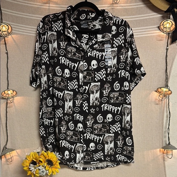 Black and White Casual Button Down Shirt with Gothic Print - Picture 3 of 7